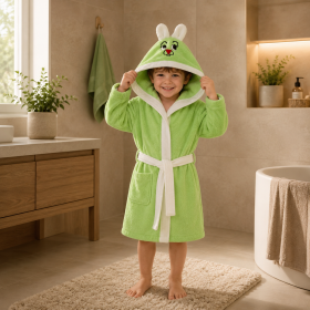 Halat de baie cu gluga cu broderie pentru copii - 100% bumbac, tesatura prosop catifea, verde