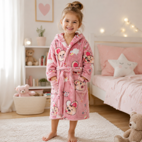 Halat baie cu gluga Kotonia Home pentru copii, cocolino, roz cu model porcusori