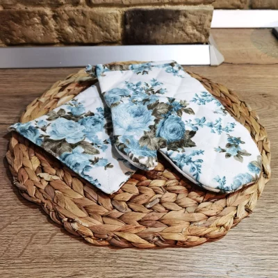 Set bucatarie manusa + suport oala , model floral turquoise - imagine 4
