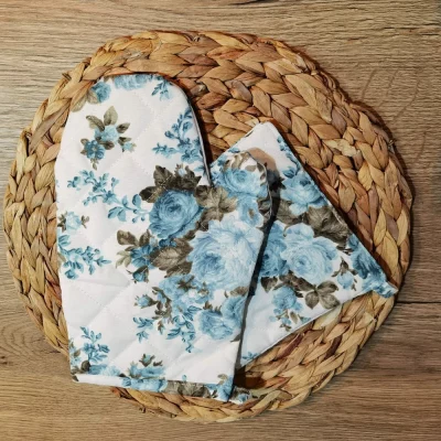 Set bucatarie manusa + suport oala , model floral turquoise - imagine 3