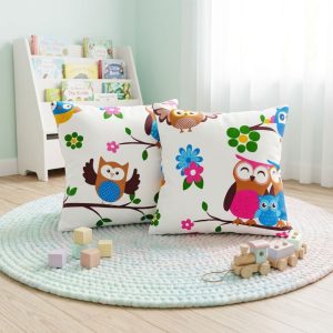 Set 2 fete de perna creton 40x40 cm, 100% bumbac cu decor Bufnite