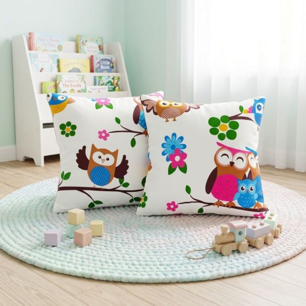 Set 2 fete de perna creton 40x40 cm, 100% bumbac cu decor Bufnite