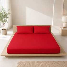 Husa de pat cu elastic 160x200 cm+doua fete de perna 50x70 cm, 100% bumbac, ranforce - Rosu