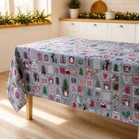 Fata de masa decor Craciun - 100% bumbac, gri cu jucarii