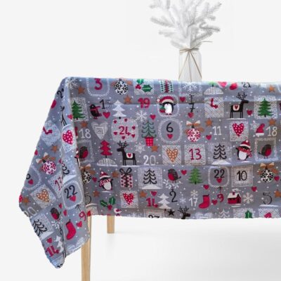 Fata de masa decor Craciun - 100% bumbac, gri cu jucarii - imagine 6