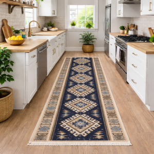 Covor tesut - Decor traditional, fond albastru si nuante de crem – 01 - imagine 2