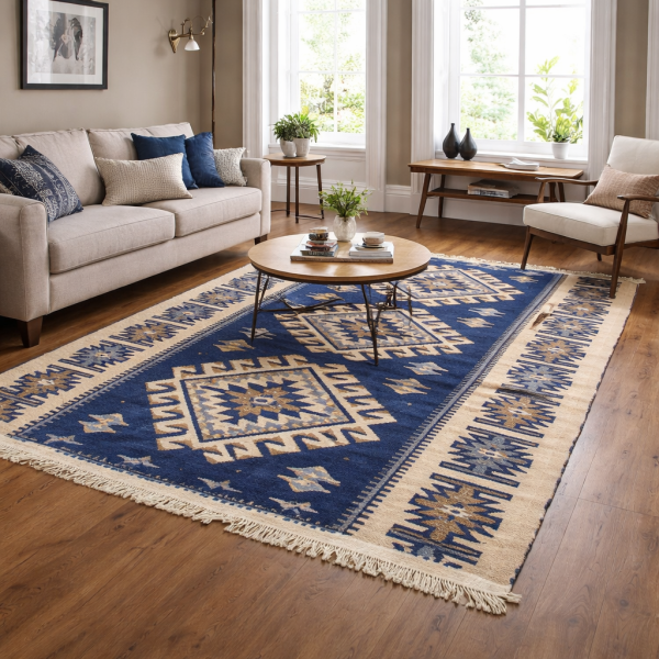 Covor tesut - Decor traditional, fond albastru si nuante de crem – 01