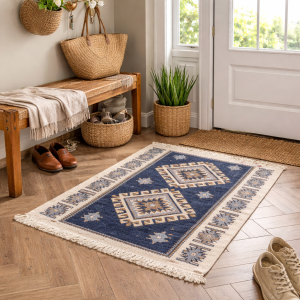 Covor tesut - Decor traditional, fond albastru si nuante de crem – 01 - imagine 3