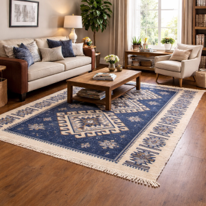 Covor tesut - Decor traditional, fond albastru si nuante de crem – 01 - imagine 6