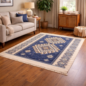 Covor tesut - Decor traditional, fond albastru si nuante de crem – 01 - imagine 5