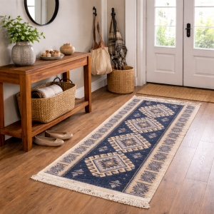 Covor tesut - Decor traditional, fond albastru si nuante de crem – 01 - imagine 4