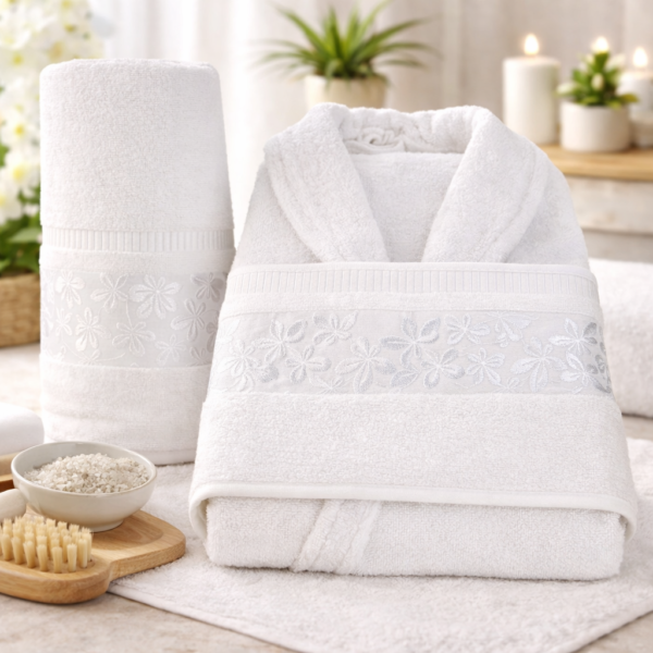 Set baie - halat cu guler si doua prosoape baie Kotonia Home Spa - 100% bumbac, alb, decor floral satinat