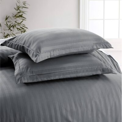 Pachet husa de pat cu elastic si fete perna 50x75 cm - Finet damasc saten, gri mediu - imagine 2