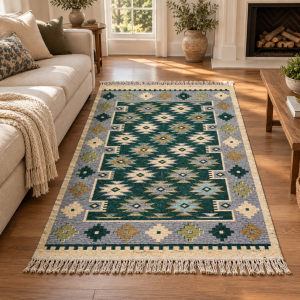 Covor tesut - Decor traditional, fond  verde si nuante de crem – 04