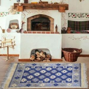 Covor tesut - Decor traditional, fond albastru si nuante de crem – 04 - imagine 2