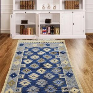 Covor tesut - Decor traditional, fond albastru si nuante de crem – 04 - imagine 14