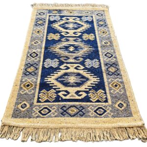 Covor tesut - Decor traditional, fond albastru si nuante de crem – 03 - imagine 6