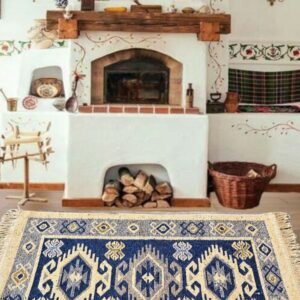 Covor tesut - Decor traditional, fond albastru si nuante de crem – 03 - imagine 2