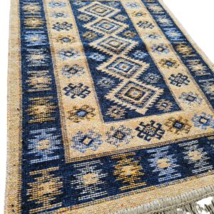 Covor tesut - Decor traditional, fond albastru si nuante de crem – 07 - imagine 2