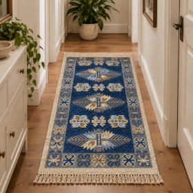 Covor tesut - Decor traditional, fond albastru si nuante de crem – 011