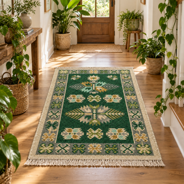 Covor tesut - Decor traditional, fond  verde si nuante de crem – 011