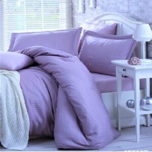 Husa de pat cu elastic Kotonia Home Deco, 100% bumbac, Damasc Saten, dimensiune dungi 1 cm, Lila