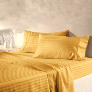 Cearceaf de pat Kotonia Home Deco, 100% bumbac, Damasc Saten, dimensiune dungi 1 cm, Mustar - imagine 2