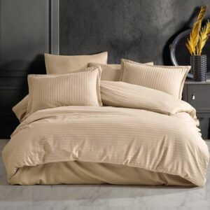 Lenjerie de pat Kotonia Home Hotel King Size, 100% bumbac, Damasc Saten dunga 1 cm, huzelnut - imagine 3