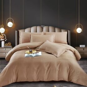 Lenjerie de pat Kotonia Home Hotel King Size, 100% bumbac, Damasc Saten dunga 1 cm, huzelnut