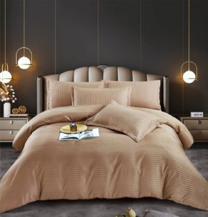 Lenjerie de pat Kotonia Home Hotel King Size, 100% bumbac, Damasc Saten dunga 1 cm, huzelnut