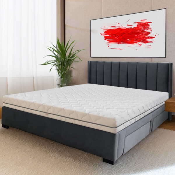 Saltea cu husa detasabila cu fermoar gri, din spuma poliuretanica, cu fermitate medie, dimensiune 140x200 cu inaltime 25 cm, alba