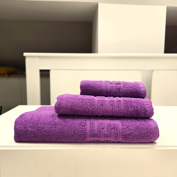 Set 3 prosoape baie Greek Border Jacquard Plush Luxury - 100% Bumbac, 500g/mp, mov