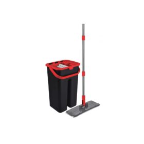 Set curatenie cu mop plat cu maner telescopic, galeata 9 L negru si rosu