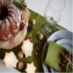 Napron decorativ pentru masa - 45x180 cm, creton uni, 100% bumbac, verde olive
