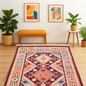 Covor tesut - Decor traditional, fond bordo si nuante de crem – 10
