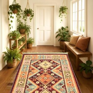 Covor tesut - Decor traditional, fond bordo si nuante de crem – 10 - imagine 4