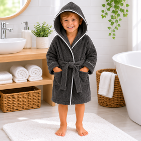 Halat de baie cu gluga pentru copii Kotonia Home, 100% bumbac, tesatura prosop jacquard, gri antracit