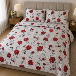 Lenjerie de pat - 2 persoane, textura creponata, decor floral - cod 006