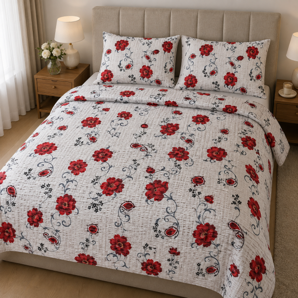 Lenjerie de pat - 2 persoane, textura creponata, decor floral - cod 006