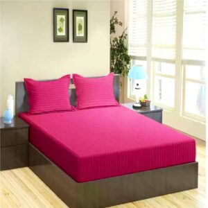 Husa de pat cu elastic Kotonia Home Deco, 100% bumbac, Damasc Saten, dimensiune dungi 1 cm, Magenta