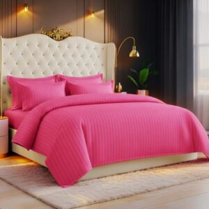 Cearceaf de pat Kotonia Home Deco, 100% bumbac, Damasc Saten, dimensiune dungi 1 cm, Magenta - imagine 2