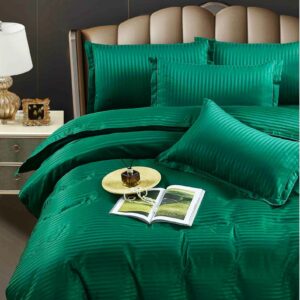 Husa de pat cu elastic Kotonia Home Deco, 100% bumbac, Damasc Saten, dimensiune dungi 1 cm, verde smarald - imagine 2