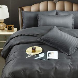 Husa de pat cu elastic Kotonia Home Deco, 100% bumbac, Damasc Saten, dimensiune dungi 1 cm, Gri antracit - imagine 2