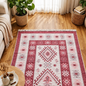 Covor tesut - Decor traditional, fond  rosu cu decoratiuni albe – 07