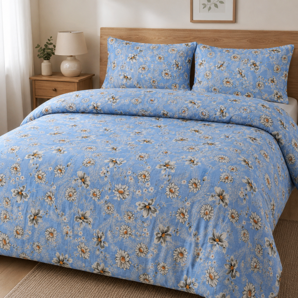 Lenjerie de pat 2 persoane, tesatura clasica neteda, 100% bumbac, fond alb, decor floral - 41