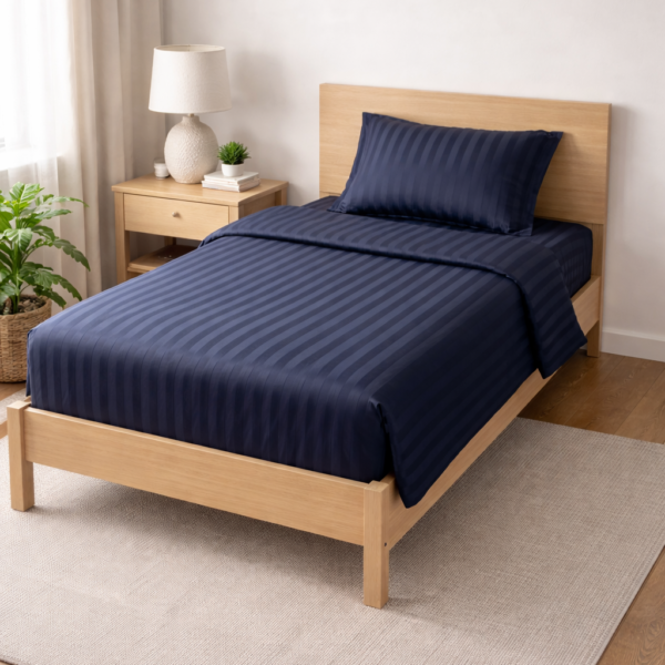 Lenjerie de pat Kotonia Home – 1 persoana, damasc color, dungi inguste 1 cm, 100% bumbac, bleumarin