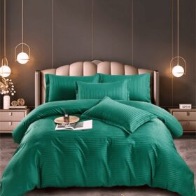 Lenjerie de pat Kotonia Home  – 2 persoane, damasc color, dungi inguste 1 cm, 100% bumbac, verde