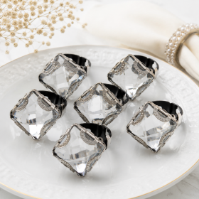 Set 6 inele decorative metalice, pentru servete, argintii cu piatra clara, transparenta