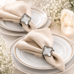 Set 6 inele decorative metalice, pentru servete, argintii cu piatra clara, transparenta - imagine 4