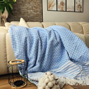 Cuvertura Old Fashion pentru pat dublu, dimensiunea 220x240 cm, 100% bumbac, zig-zag, bleu cu franjuri - 25 - imagine 4
